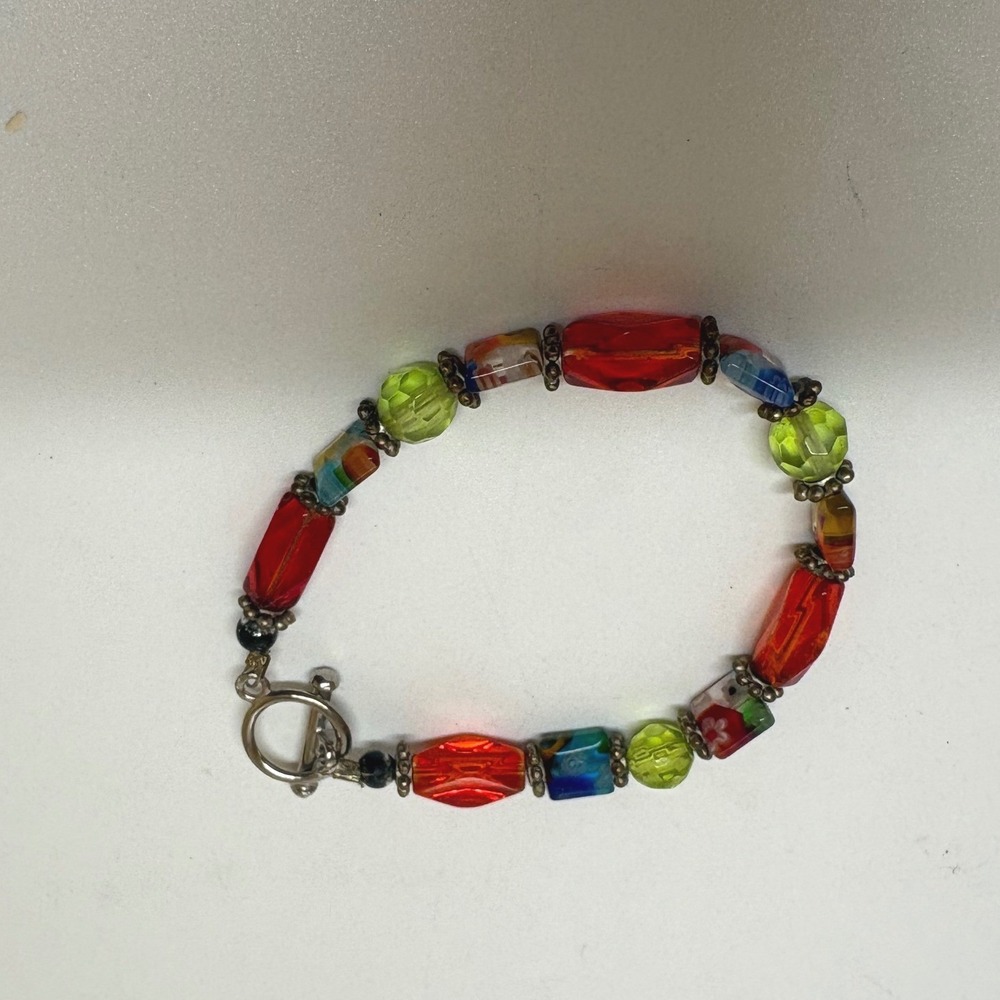 Multicolor Murano Style Glass Beaded Bracelet Silver Tone Toggle Clasp 7 Inch